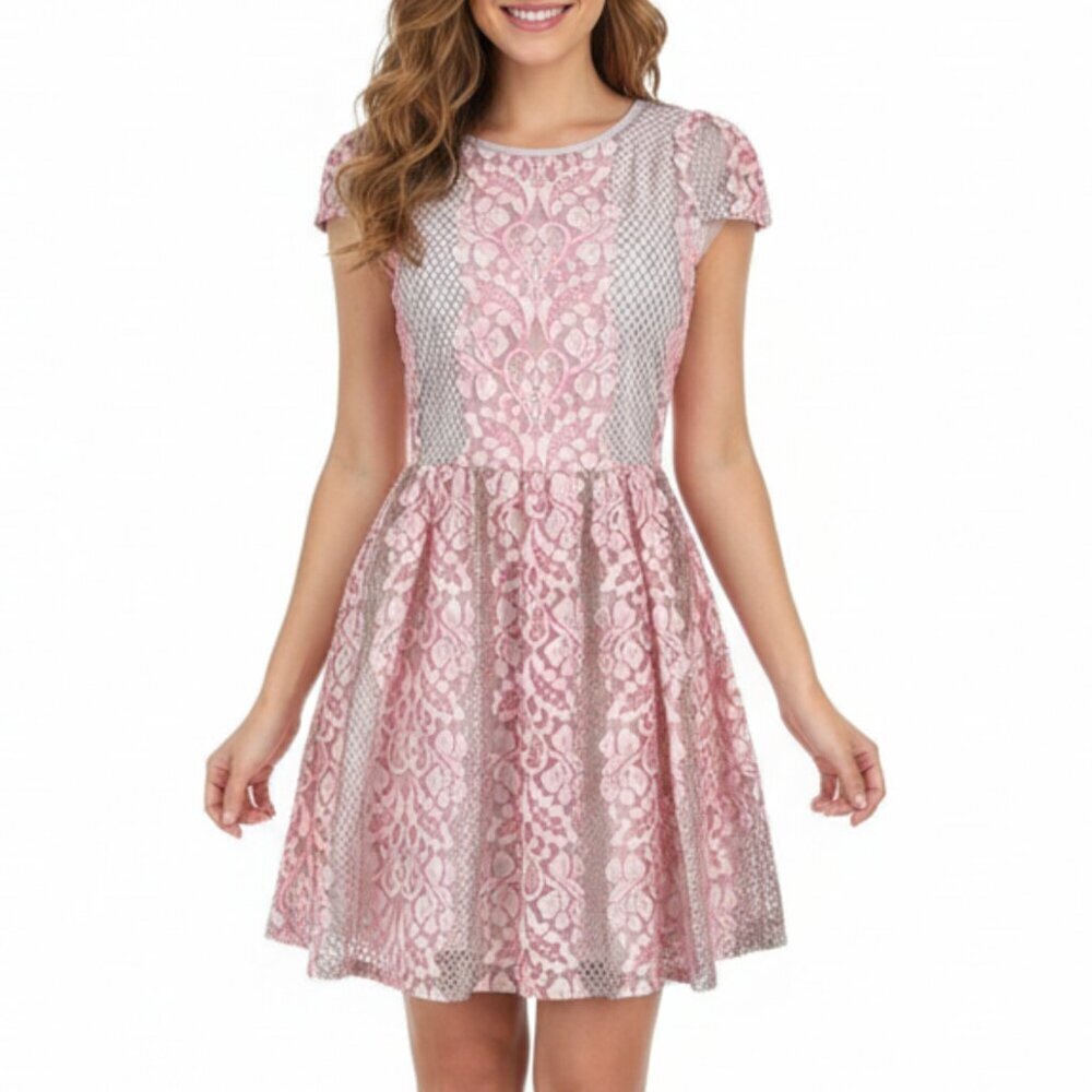 NEW Lovers + Friends Revolve Neon Pink Trimmed Lace Skater Mini Dress Sz. S